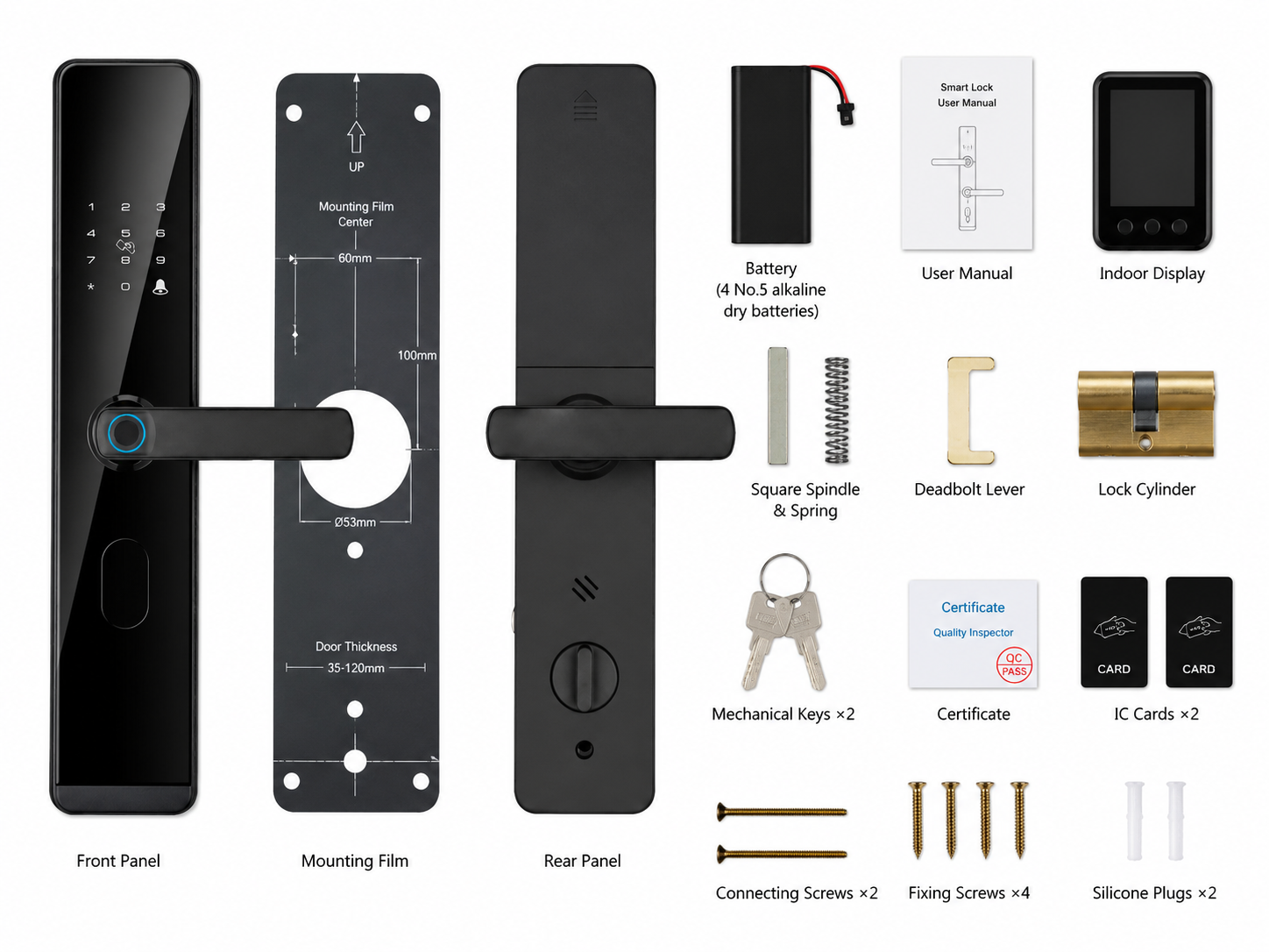 DDA2 smart lock components: panels, battery, keys, IC cards and mounting parts