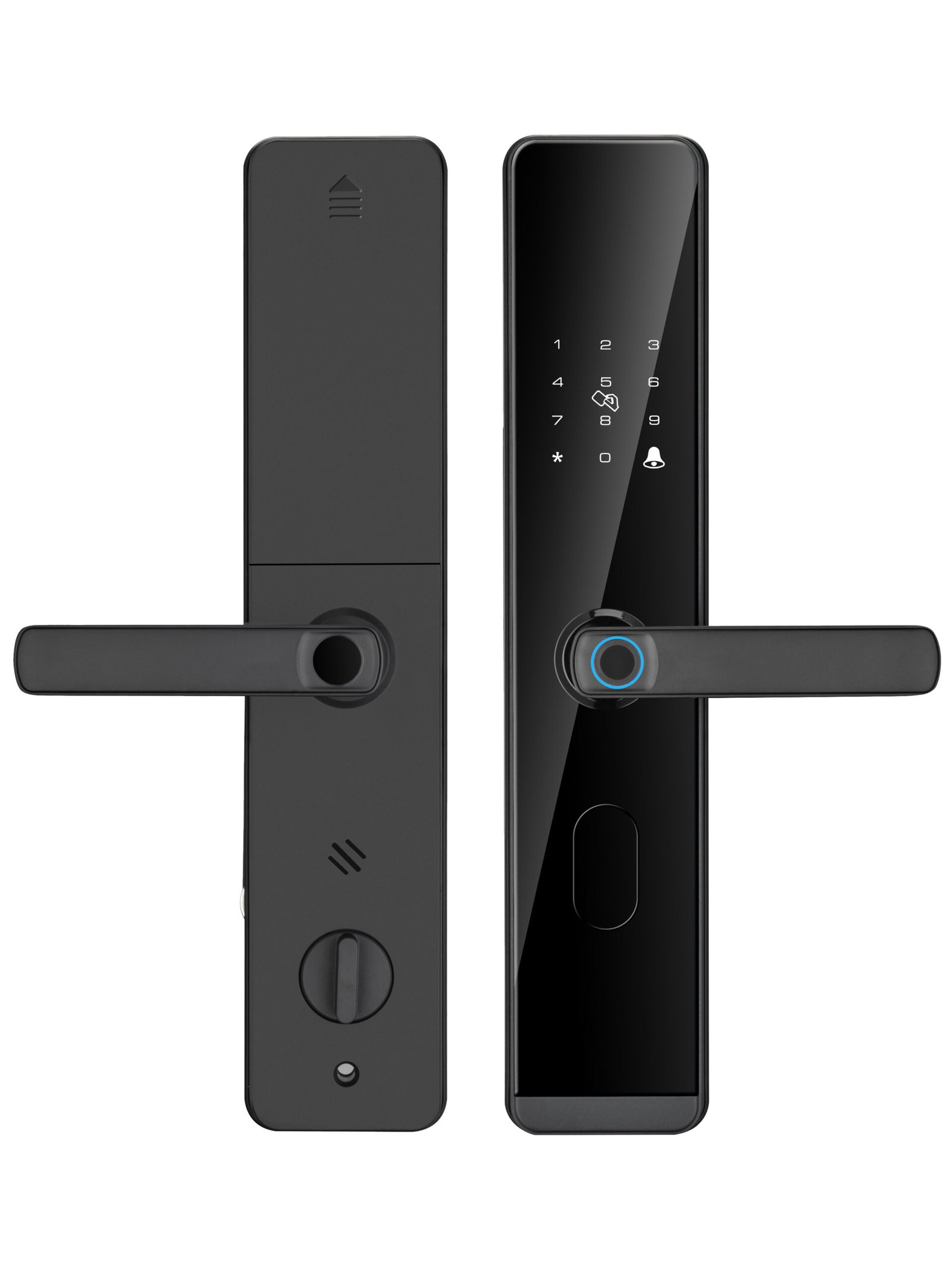 DDA2 semi-automatic one-grip smart lock, matte black, front and back view