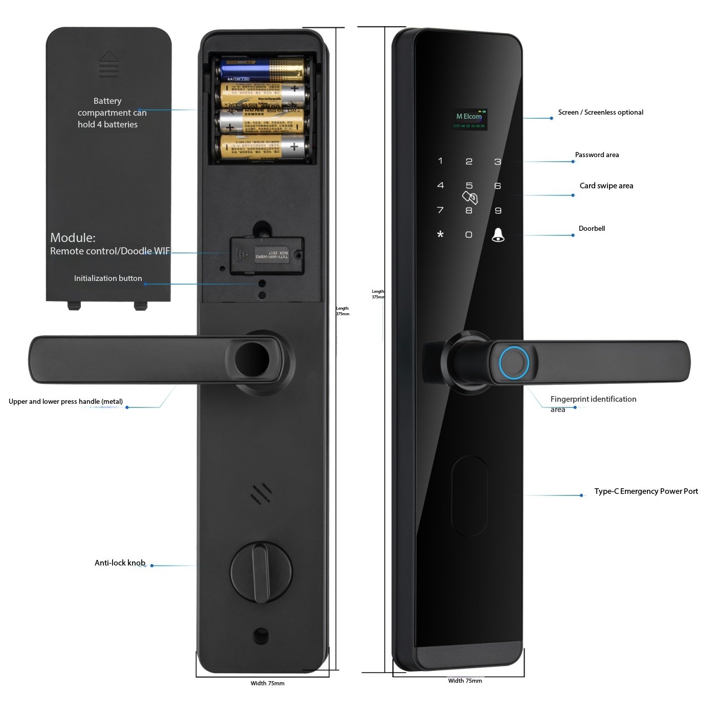 DDA3 smart lock structure showing fingerprint sensor, keypad, card area and battery compartment
