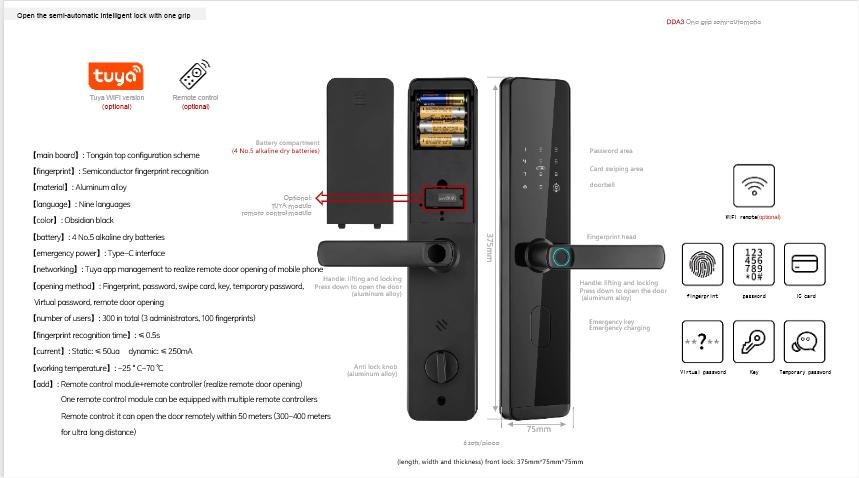 DDA3 smart lock specifications and component view