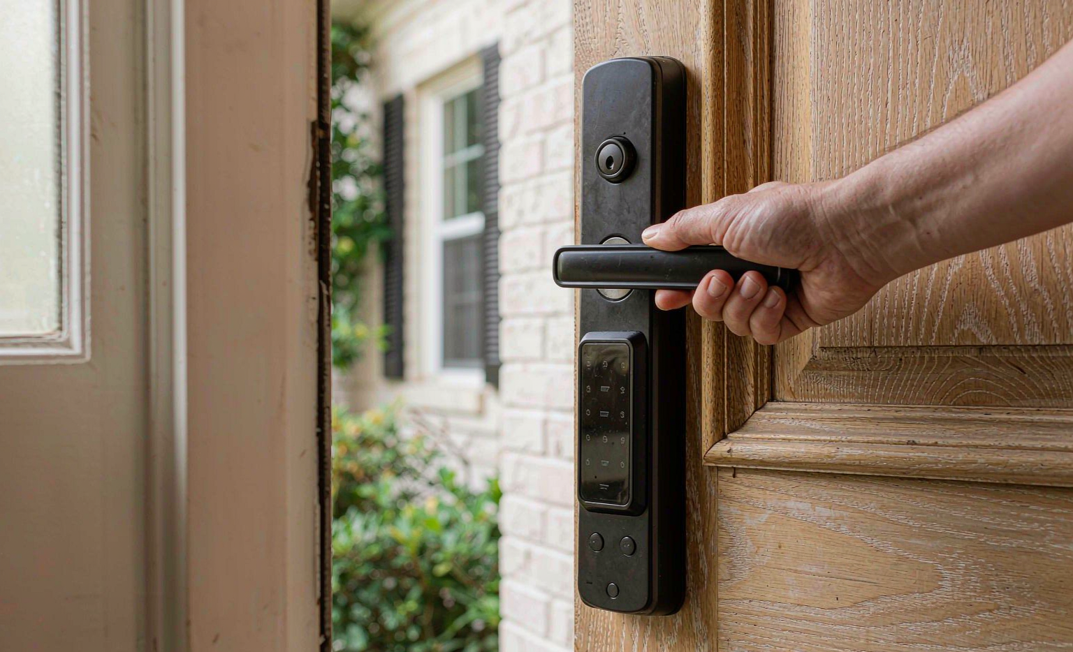 Smart lock installed on a residential wooden door, being tested by hand — editorial illustration
