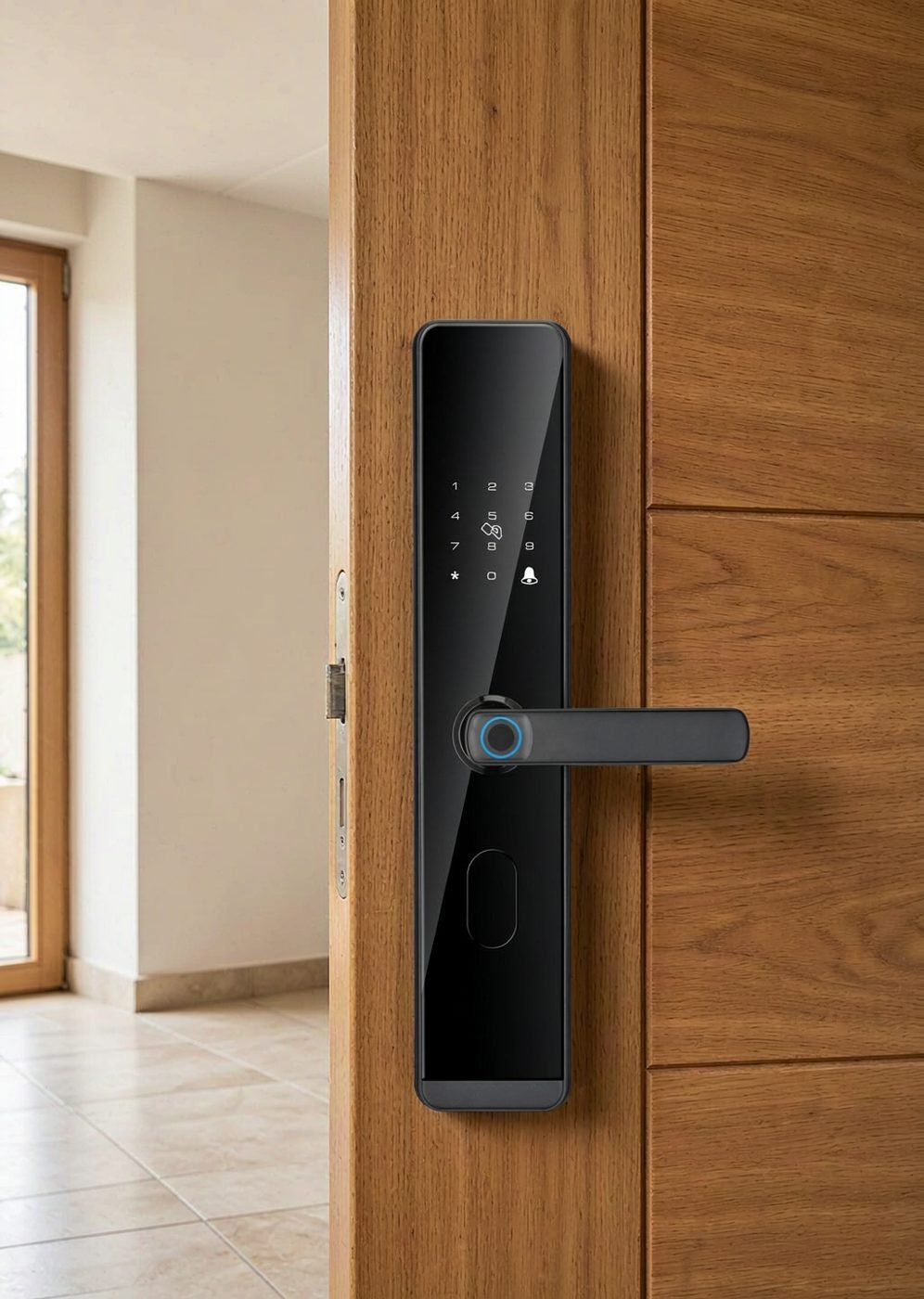 DDA2 semi-automatic one-grip smart lock installed on an apartment entrance door