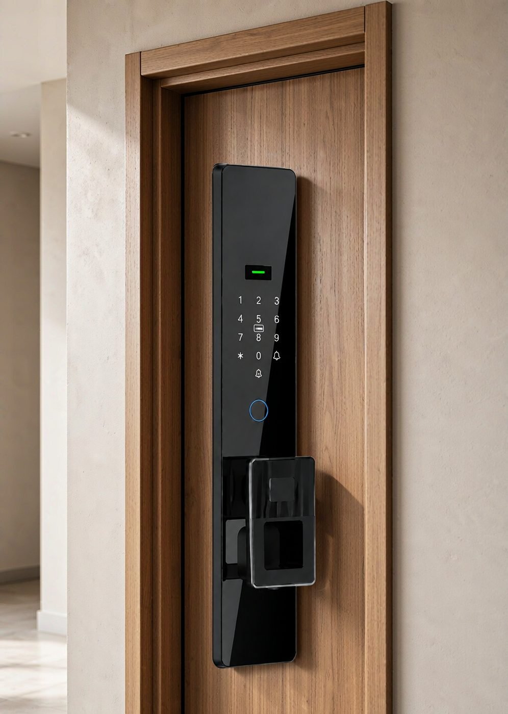 CaremLock DDL1 fully automatic smart lock outdoor panel with keypad and fingerprint sensor installed on an apartment entrance door