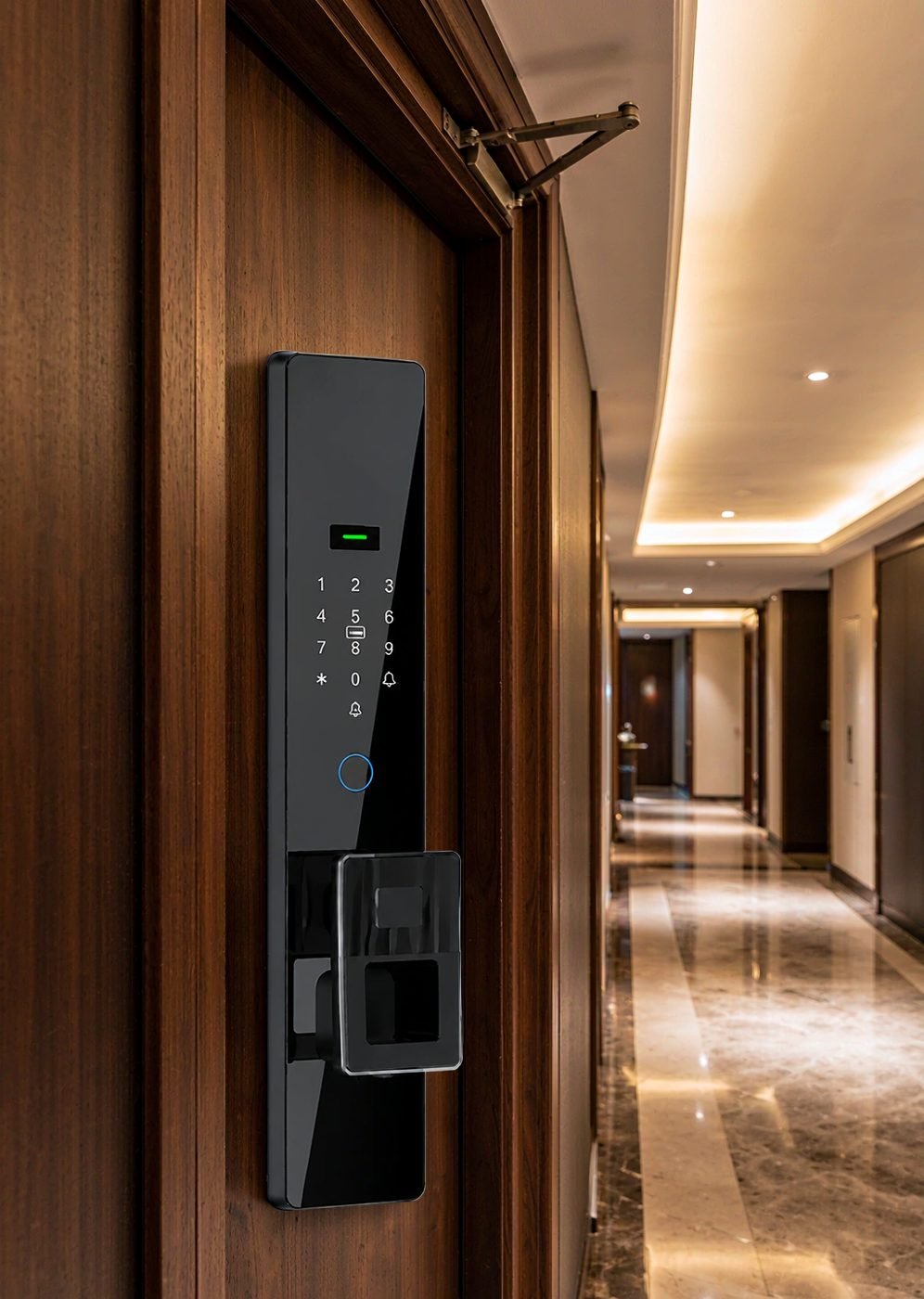 CaremLock DDL1 fully automatic smart lock outdoor panel installed on a hotel guest room door