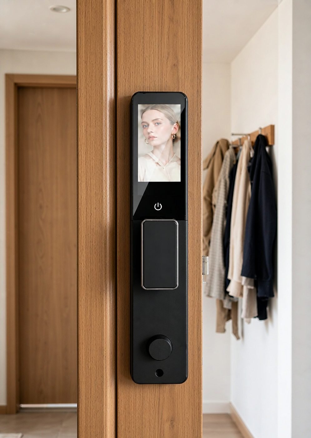 CaremLock DDL1 fully automatic smart lock indoor panel with display screen and thumb turn viewed from inside the apartment